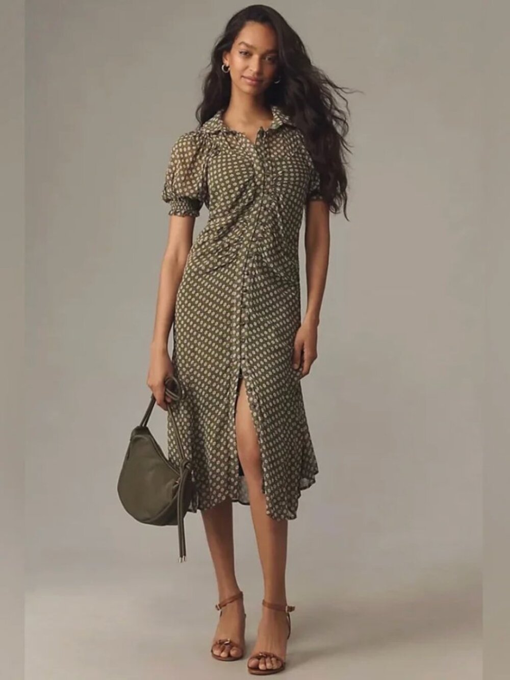 Anthropologie By Anthropologie Puff-Sleeve Ruched Mesh Midi Shirt Dress